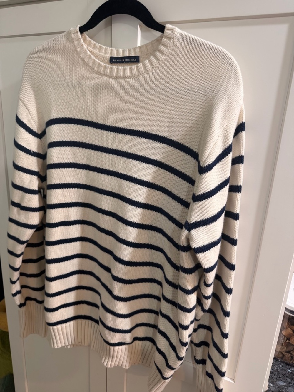 Brandy Melville Cream and Navy Striped Crewneck Sweater